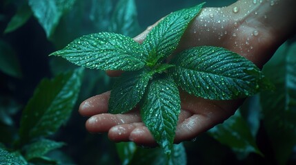 Wall Mural - Hand holding a lush, rain-soaked green plant.