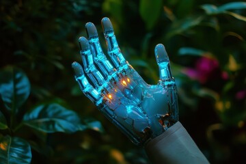 Poster - High-tech robotic hand illuminated against a lush green background in a natural setting