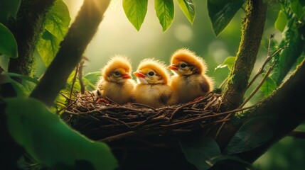 Fototapete - A dynamic photograph of a nest with baby birds chirping, framed by branches and leaves, capturing the lively atmosphere of a natural habitat