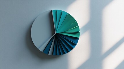 Poster - A dynamic pie chart with segmented portions in shades of blue and green, placed on a minimalist gray background, illustrating financial distribution