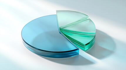 Fototapete - A financial pie chart with transparent D slices in blue and green hues, displayed on a light background, with each slice slightly separated for emphasis