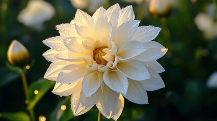 Poster - A flower in bloom with large, clear water droplets on its petals, capturing the morning dew in a serene garden setting.