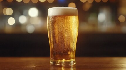 Poster - A frosty pint glass filled with golden beer, condensation glistening on the surface, placed on a rustic wooden table against a blurred background