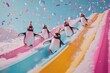 © Erich - Cartoon penguins wearing party hats sliding down colorful snowy water slides with confetti and disco balls, celebrating a winter party