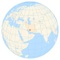 map showing the location of the city shiraz in iran (southern asia) on the earth globe.