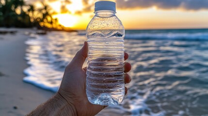 Poster - Hand holding water bottle at sunset beach.