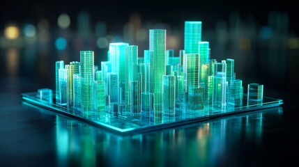 Poster - A high-tech D bar graph with glowing neon bars in shades of blue and green, on a reflective surface, creating a modern, futuristic data look