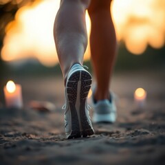 runner's feet on beach at sunset. silhouette of person jogging along the sand, enjoying the golden h