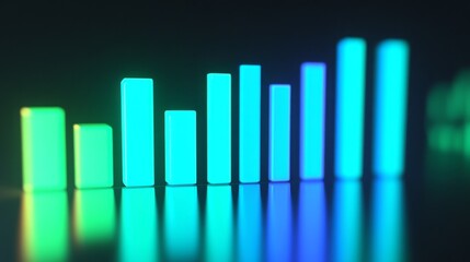 Poster - a high-tech d bar graph with glowing neon bars in shades of blue and green, on a reflective surface,