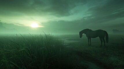 Wall Mural - Majestic Horse Standing Alone in Misty Landscape at Dawn
