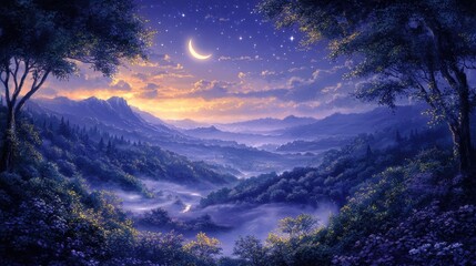 Wall Mural - Serene Twilight Landscape with Moonlit Sky and Starry Night