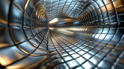 Wall Mural - looking down a futuristic metal tunnel with glowing light at the end.