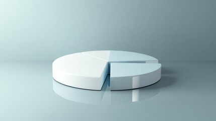 Poster - a minimalist pie chart with white and blue sections, slightly separated on a reflective gray backgro