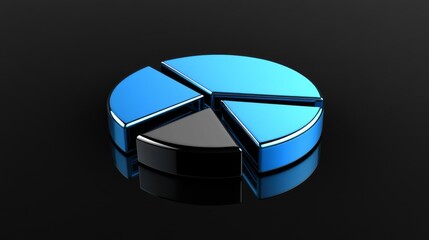 Leinwandbilder - A minimalist pie chart with metallic segments in blue tones, on a reflective black background, with a subtle light effect to add depth
