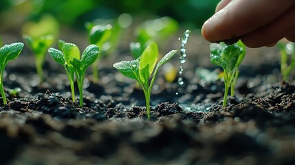 Wall Mural - Hand watering young seedlings in rich soil.