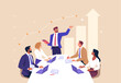 © nadzeya26 - Business Planning Concept. Contemporary flat style vector illustration of a businessman giving a business forecast to a group of colleagues sitting at a desk with a growing graph in background.