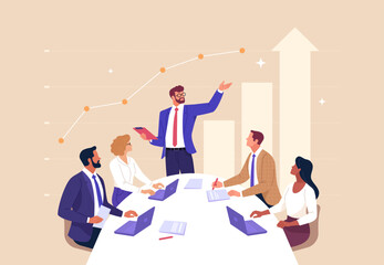 Fototapete - Business Planning Concept. Contemporary flat style vector illustration of a businessman giving a business forecast to a group of colleagues sitting at a desk with a growing graph in background.