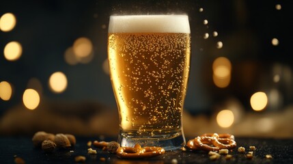 Poster - A refreshing lager poured into a glass, with bubbles rising to the top, surrounded by pretzels and nuts on a dark slate surface