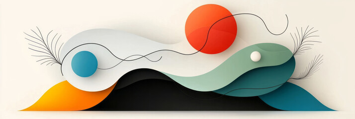 Poster - A serene abstract design with flowing black lines on a pastel-colored backdrop, highlighting harmony and balance,