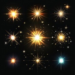 Poster - Sparkling Golden Starbursts Glowing Brightly in Dark Night Sky Collection