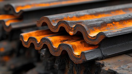Poster - Glowing Orange Metal Sheets Stacked Industrial Texture