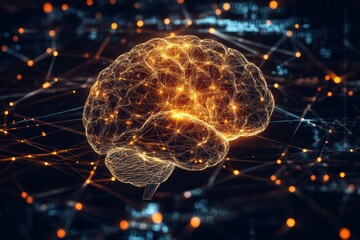Poster - Glowing human brain in a network of lines with bright lights.