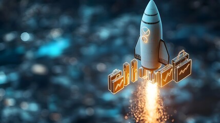 Poster - Powerful rocket launch with business icons like briefcases and bar graphs soaring into the sky representing the growth success and progress of startups enterprises and the economy