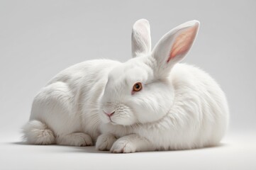 A fluffy white rabbit lies on a grey background.