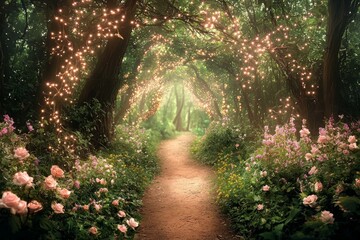 Wall Mural - Enchanted forest path with glowing magical fairy lights and flowers, a fantasy backdrop