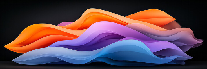 Poster - A futuristic abstract design with flowing waves in neon purple and sunset orange gradients, set against a sleek black background,