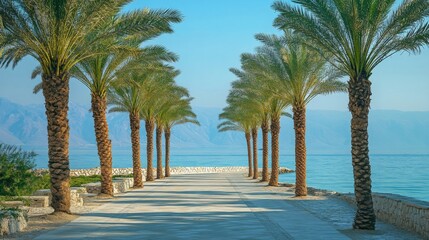 Poster - A serene waterfront street lined with palm trees, offering stunning views of the water and distant mountains, creating a peaceful and idyllic setting