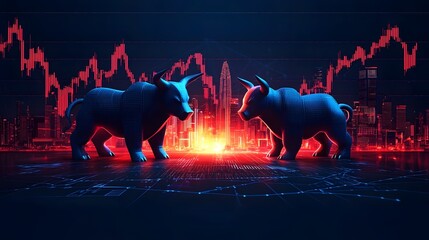 Poster - Futuristic and dynamic depicting bull and bear figures symbolizing the market trends and financial market activity