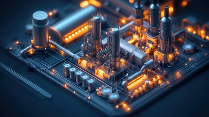 Poster - Industrial Complex with Neon Lights and Futuristic Design Elements