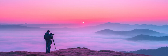 Poster - A peaceful scene of a photographer capturing landscapes during golden hour, with a professional camera on a tripod,