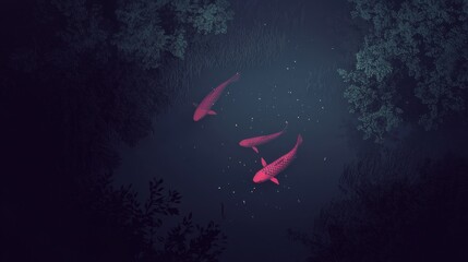 Wall Mural - three pink fish swimming in a dark pond