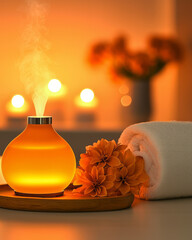 Poster - A colorful setup of aromatherapy oils, diffuser, and fresh flowers on a wooden tray in a calming space,
