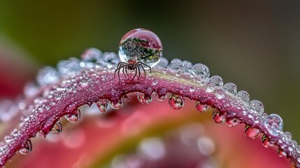 Poster - A striking shot of a spider web glistening with morning dew on a leaf, with a tiny spider perched in the center, emphasizing the delicate beauty of nature