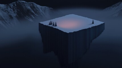 A mountain range with a snow covered peak and a small island in the middle