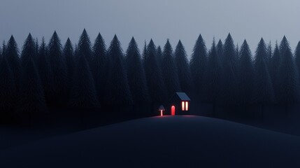 Wall Mural - a small cabin is lit up in the dark woods