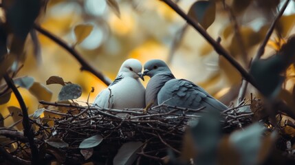 Poster - A tranquil shot of a pair of doves cuddled together in their nest, nestled among twigs and leaves, conveying warmth and the nurturing side of nature