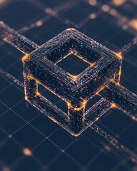 Poster - A futuristic concept of a blockchain network, featuring a glowing lattice with intricate geometric patterns,