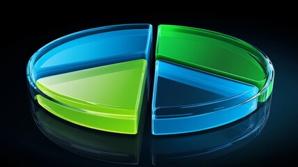 Poster - A transparent pie chart with vibrant blue and green segments, arranged in a circular layout on a dark reflective background, showcasing depth and clarity