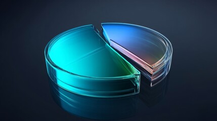 Poster - A transparent pie chart with vibrant blue and green segments, arranged in a circular layout on a dark reflective background, showcasing depth and clarity