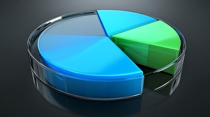 Poster - A transparent pie chart with vibrant blue and green segments, arranged in a circular layout on a dark reflective background, showcasing depth and clarity