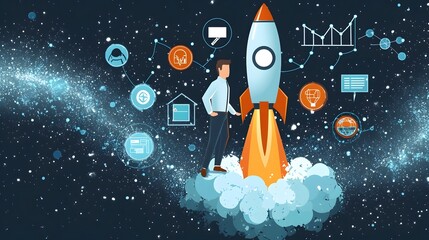 Poster - Focused executive standing on a rocket surrounded by symbols of innovation technology and progress representing the vision ambition