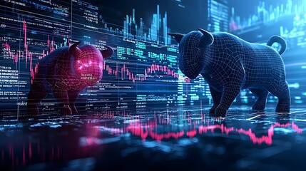 Poster - futuristic and high tech market background featuring holographic bull and bear figures overlaid on d