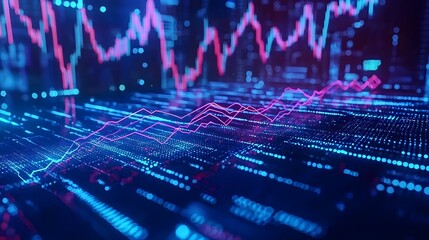 Poster - futuristic digital graph display with intertwined upward and downward trend lines representing the d