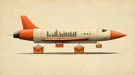Poster - Futuristic rocket spacecraft launching into space and carrying business data visualization icons like briefcases bar graphs and other financial symbols  Concept of technology innovation