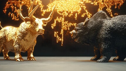 Poster - glowing digital trading screen featuring a rising golden bull and a falling grey bear symbolizing th