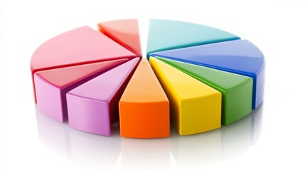 Fototapete - A vibrant pie chart with segments in various colors, each part slightly separated, set on a reflective white surface for a dynamic financial look